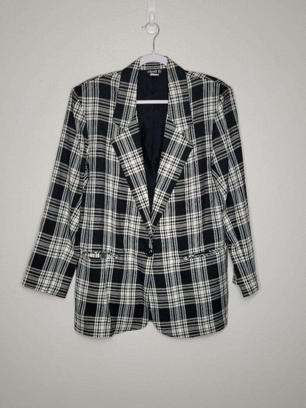 Vintage 90s Chad black off white plaid button front preppy academia blazer med